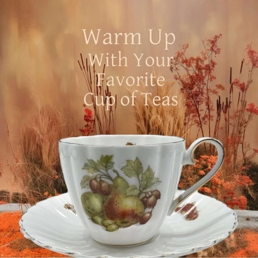 2pc Royal Tuscan Bone China Cup‎ & Saucer Set, Pears and Strawberries decor